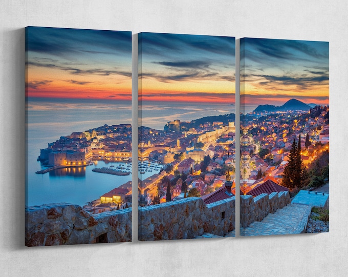 Dubrovnik at sunset canvas leather print/Large Dubrovnik print/Large wall art/Triptych/GOT citadella/Made in Italy/Better than Canvas!