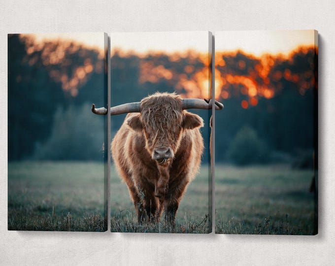 Brown Yak Single or Three Panels Black and White Canvas Wall Art Eco Leather Print, Made in Italy!