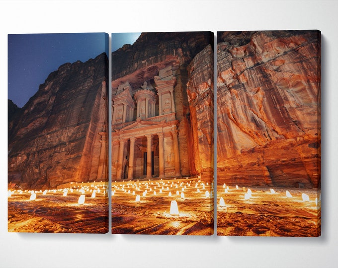 Petra by night, Jordan ancient town wall art canvas eco leather print