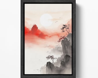 Wuxia Rising Sun Art: Eco-Leather Chinese Landscape Print