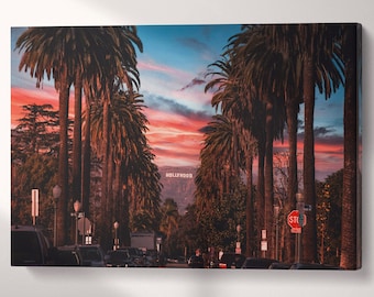 Hollywood Sign Los Angeles Wall Art Framed Canvas Eco Leather Print, Made in Italy!