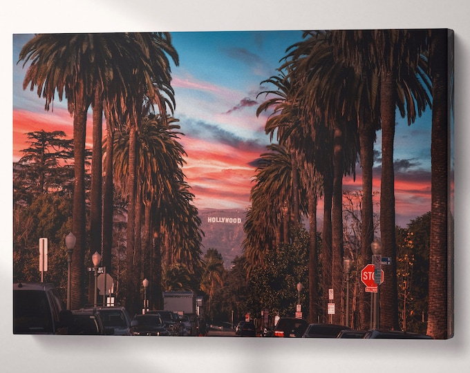 Hollywood Sign Los Angeles Wall Art Framed Canvas Eco Leather Print, Made in Italy!
