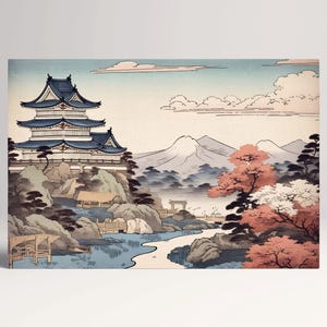 Pagoda Giapponese Vista Montagna - Arte da Parete Stile Ukiyo-e Canvas Stampa su Tessuto Ecopelle, Made in Italy!