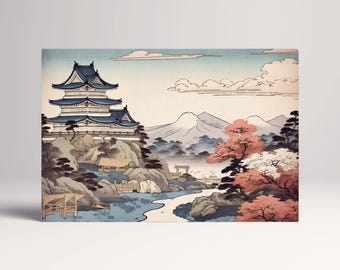 Ukiyo-e Japanese Pagoda Mountain View PETA Approved Eco Leather Multi Panel Art