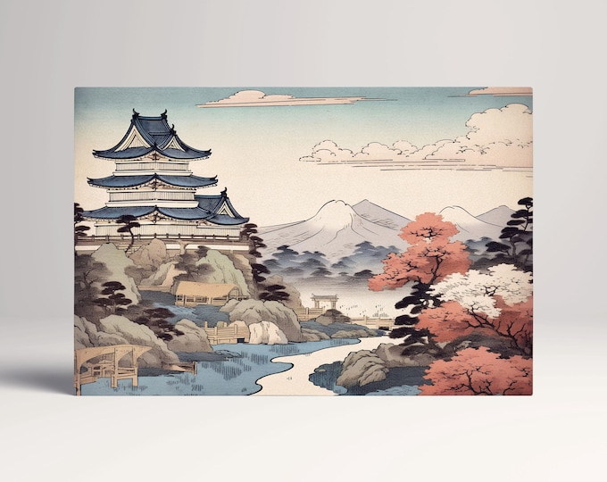 Japanese Pagoda & Mountain View Ukiyo-e Wall Art Eco Leather Home Decor Canvas Print, Made in Italy!