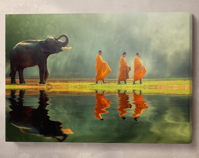 Elephant walking with buddhist monks canvas eco leather print, Made in Italy!