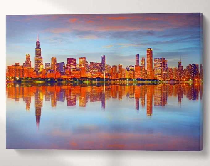 Chicago at Sunset Canvas Eco Leather Print, Made in Italy!