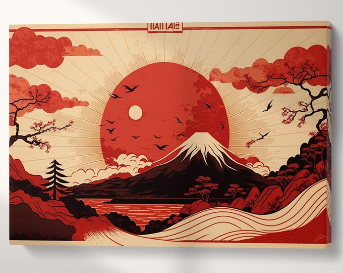 Japan Red Ukiyo-e Artwork Wall Art Framed Canvas Eco Leather Print, Made in Italy!