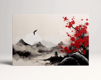Red Blossom Asian Mountain Eco Leather Wall Art Frame