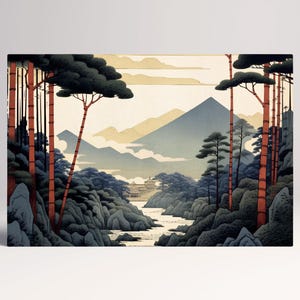 Paesaggio Giapponese Montagna Pini Rossi in Stile Ukiyo-e Canvas Stampa su Tessuto Ecopelle, Made in Italy!