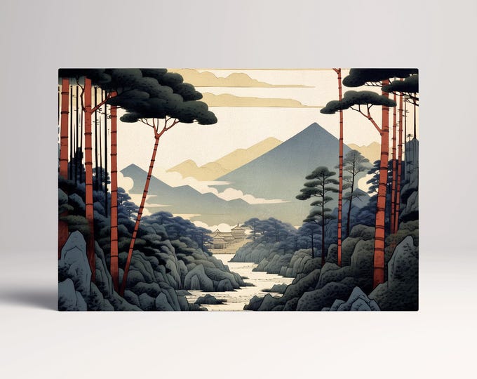 Ukiyo-e Japanese Mountain Red Pine Trees Landscape Eco Leather Wall Art Canvas Print, Made in Italy!
