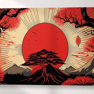Japan Red Artwork Wall Art Framed Canvas Eco Leather Print, Made in Italy!
