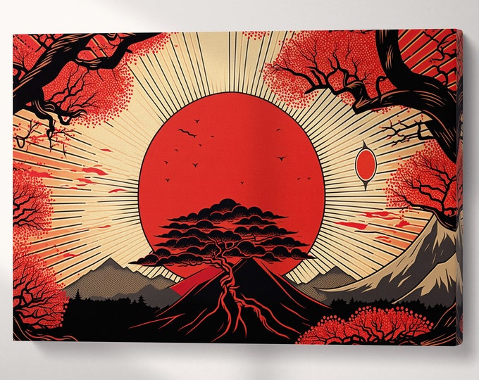 Japan Red Artwork Wall Art Framed Canvas Eco Leather Print, Made in Italy!