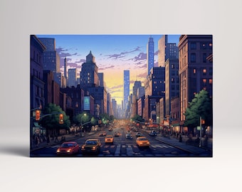 NYC Cartoon Sunset Skyline New York PETA Approved Eco Leather Canvas Multi Panel Art
