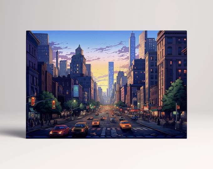Sunset Glow Over New York Streets Artwork Wall Art Eco Leather Canvas Print, Made in Italy!