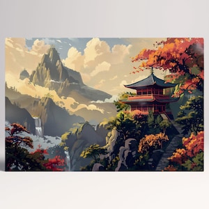 Pagoda Giapponese nelle Montagne Canvas Stampa Arte Zen su Tessuto Eco Pelle, Made in Italy!