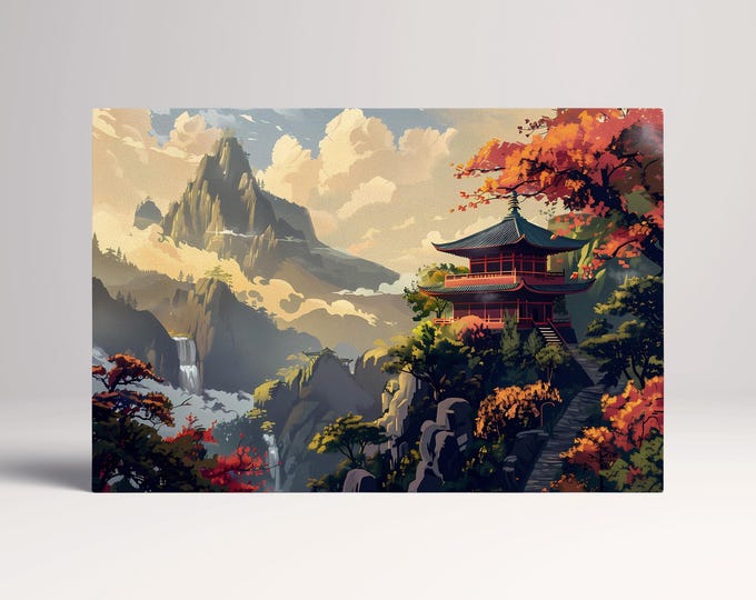 Japanese Pagoda Amid Autumn Mountains Zen Wall Art Canvas Eco Leather Print, Made in Italy!