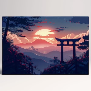 Tramonto Giapponese Torii Gate: Paesaggio Maestoso Decorazione da Parete Canvas Stampa su Tessuto Ecopelle, Made in Italy!