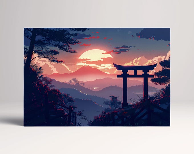 Japanese Sunset Over Torii Gate: Majestic Landscape Canvas Art Canvas Home Art Wall Decor Eco Leather Print, Made in Italy!