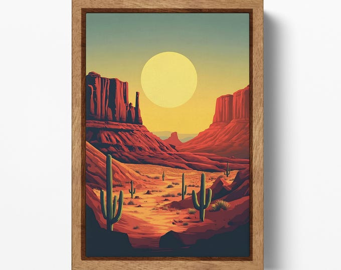 Desert Southwestern Sunscape Wall Art Eco Leather Canvas Wall Decor Print, Made in Italy!