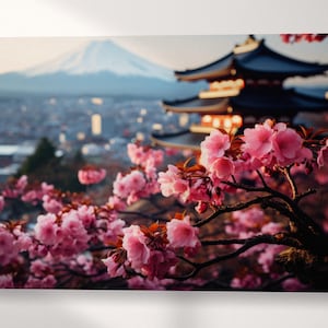 Sakura Blossoms with Mount Fuji - Japanese Scenic Canvas Art | Kyoto Pagoda | Nature Large Wall Decor Eco Leather Print, Made in Italy!