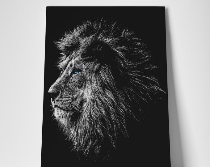 Blue eyed lion portrait canvas leather print