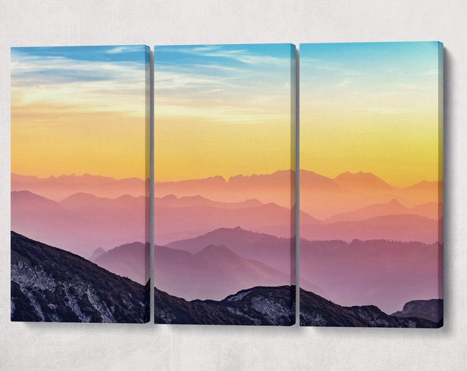 Mountains Sunset Rainbow Wall Art Canvas Eco Leather Print, Made in Italy!