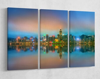 Hong Kong Panoramic Vegan Leather Wall Art Luxury Cityscape Gallery Wrap Decor