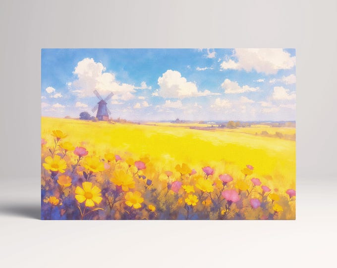 Countryside Bloom Yellow Floral Field with Windmill Wall Art Home Gift Eco Leather Print