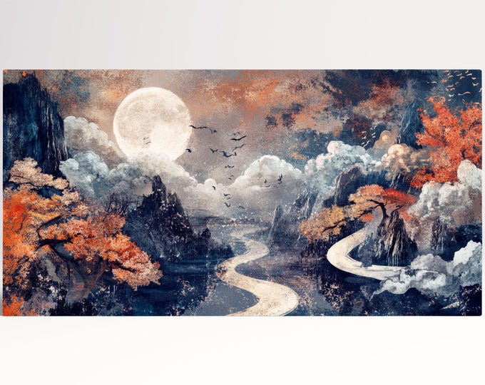 Moonlit Serenity The Enchanted Path Canvas Wall Art Framed Print on Eco Leather, Made in Italy!