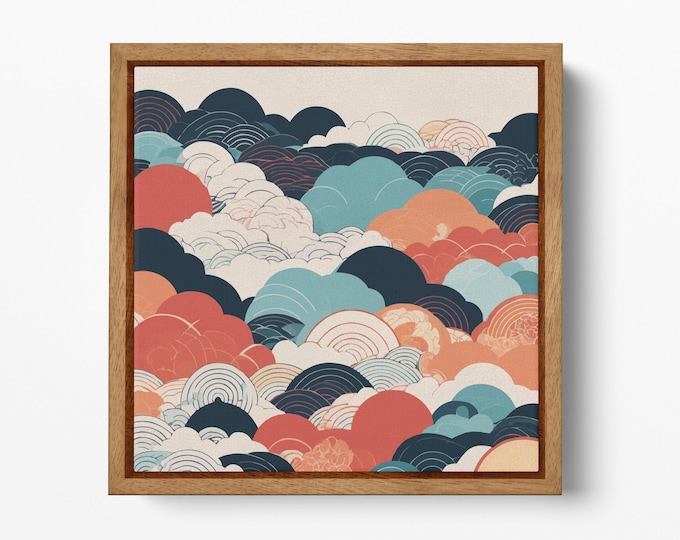 Colorful Waves Japanese Cloud Patterns Wall Art Canvas Eco Leather Print, Made in Italy!