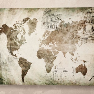 Vintage Reisekarte mit Sehenswürdigkeiten Lederdruck/große Landkarte/Wandkunst/mehrteilige Weltkarte/Extra große Weltkarte/Besser als Leinwand!