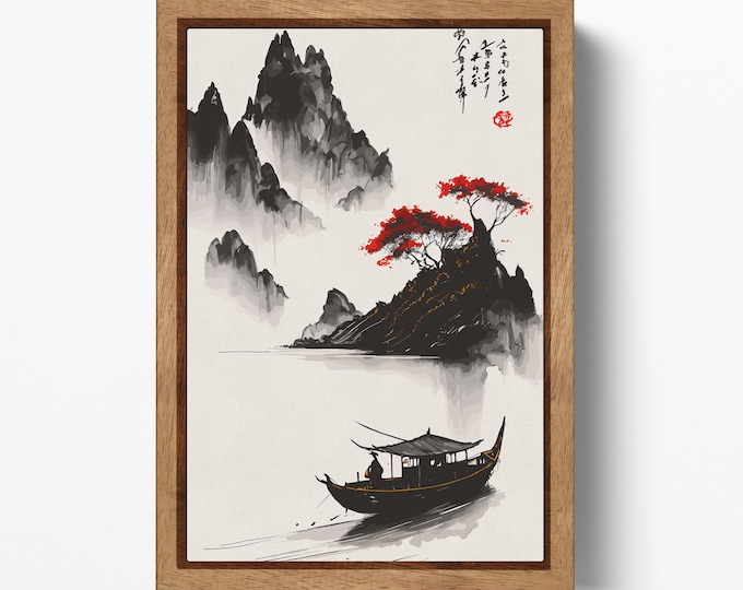 Serenity in Ink: Traditional Asian Landscape with Boat and Red Trees Chinese Canvas Wall Art Eco Leather Print, Made in Italy!