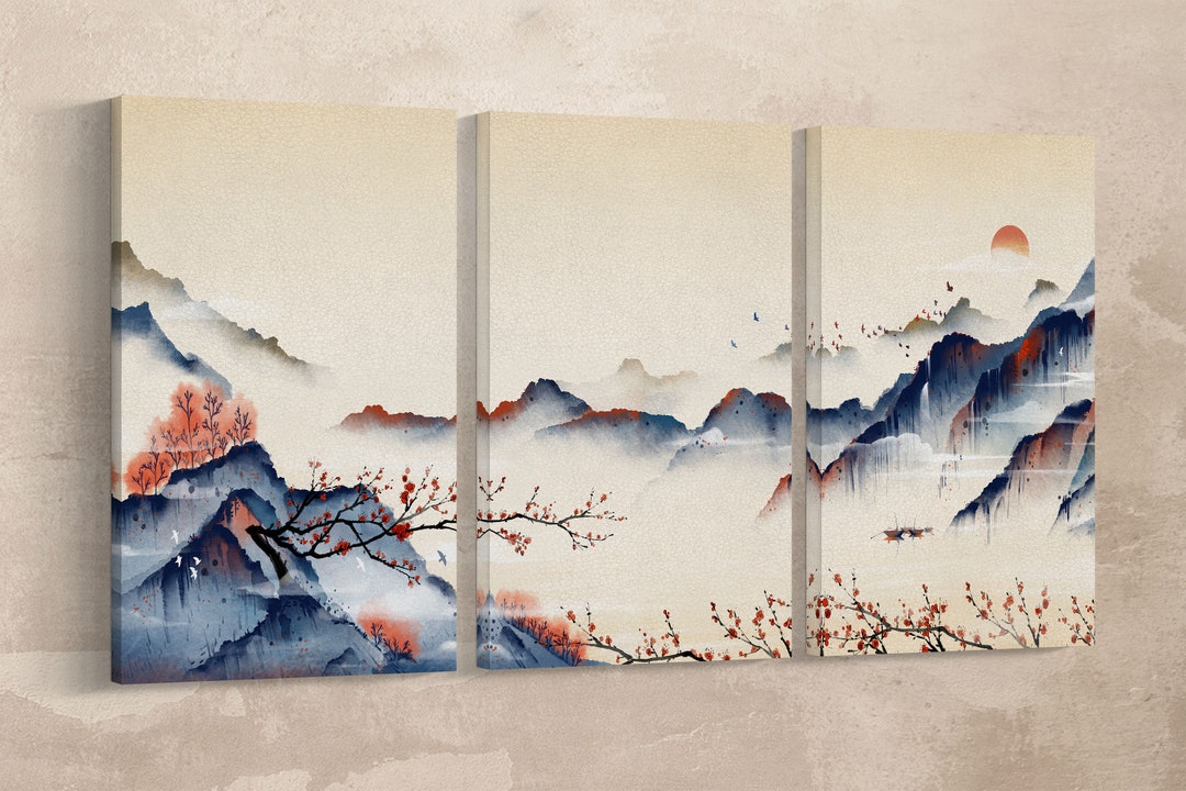 Japan Mountain Landscape at Dawn Illustration Wall Art Framed Etsy 日本