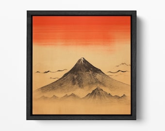 Red Sunset Mount Fuji Sumi-e PETA Approved Faux Leather Wall Art