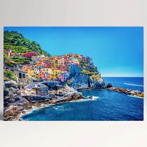 Manarola Cinque Terre Liguria Italy Canvas Wall Art Eco Leather Print, Made in Italy!
