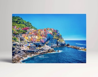 Manarola Cinque Terre Liguria Italy Canvas Wall Art Eco Leather Print, Made in Italy!