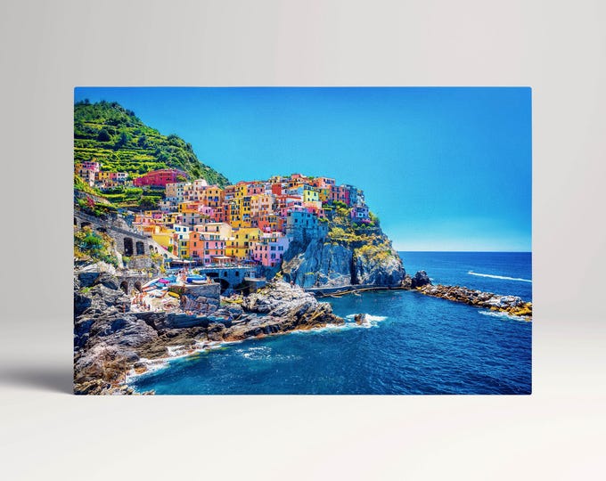 Manarola Cinque Terre Liguria Italy Canvas Wall Art Eco Leather Print, Made in Italy!