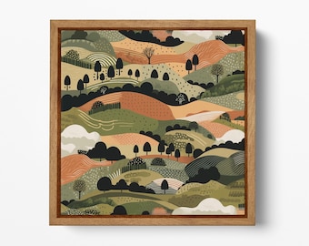 Golden Hills Stylized Landscape PETA Approved Eco Leather Canvas Square Floating Frame Art