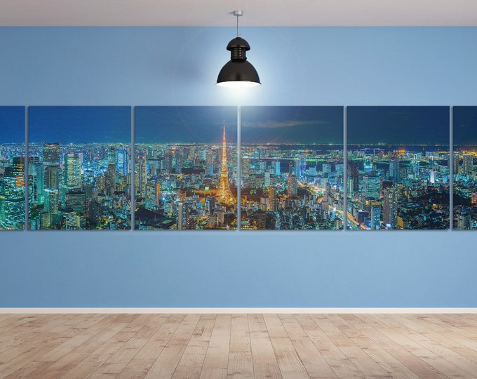 5/6 Panel Split Tokyo Skyline Panorama, Japan Leather Print/Multi Pieces Print/Extra Large Print/Wall Art/Wall Decor/Better than Canvas!