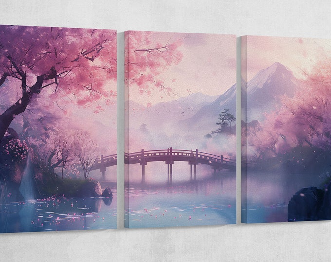 Japan Cherry Blossom Sakura Bridge Anime Wall Art Home Decor Framed Canvas Print, Made in Italy!