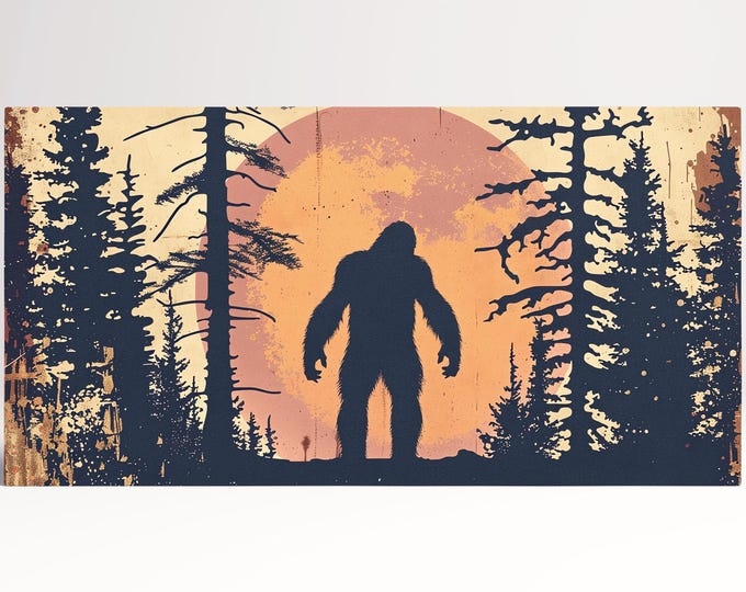 Bigfoot Silhouette in the Forest Wall Art Canvas Eco Leather Print