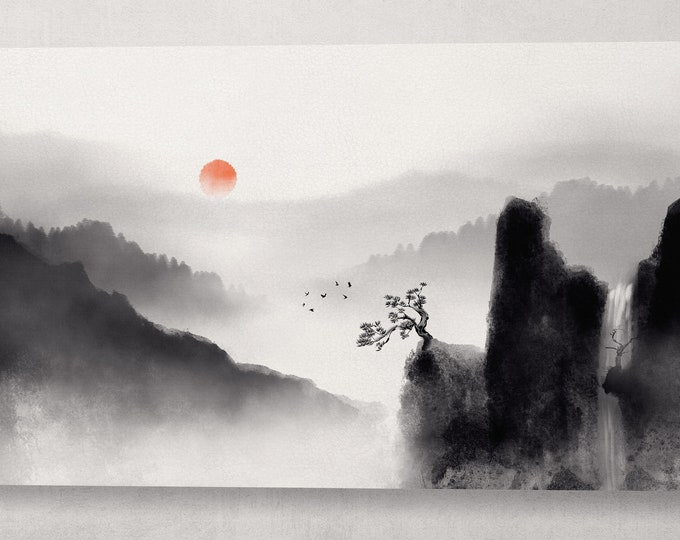 Oriental Art Mountain Landscape Black And White Red Sun Wall Art Framed Canvas Print, Made in Italy!