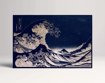 Great Wave Deep Navy and Ivory Canvas Wall Art Eco Leather Reay to Hang