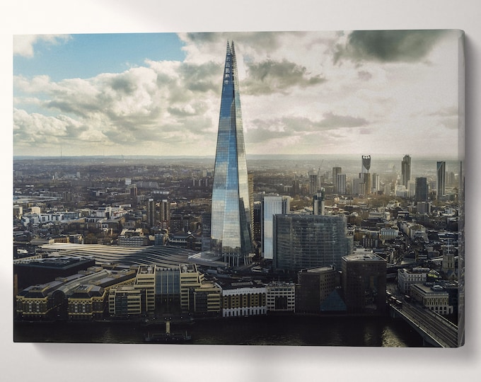 London The Shard Skyline Wall Art Home Decor Canvas Eco Leather Print, Made in Italy!