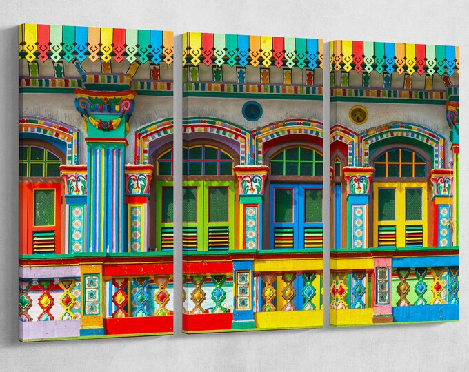 Colorful houses in Little India, Singapore framed canvas leather print/Large wall art/Large wall decor/Made in Italy/Better than canvas!