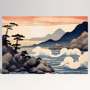 Sussurri della Costa Giapponese Stile Ukiyo-e Canvas Stampa su Tessuto Eco Pelle, Made in Italy!