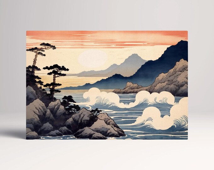 Whispers of the Japanese Coast Ukiyo-e Style Canvas Wall Art Eco Leather Print, Made in Italy!
