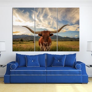 Texas longhorn steer 3 panel canvas wall decor print