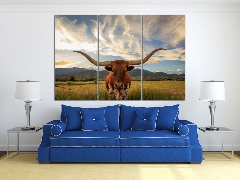 Texas longhorn steer 3 panel canvas wall decor print